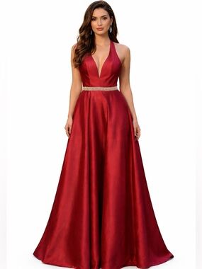 Tiffany Designs Red Wine Satin Prom Ball Gown Rhinestone Waist Sz 8